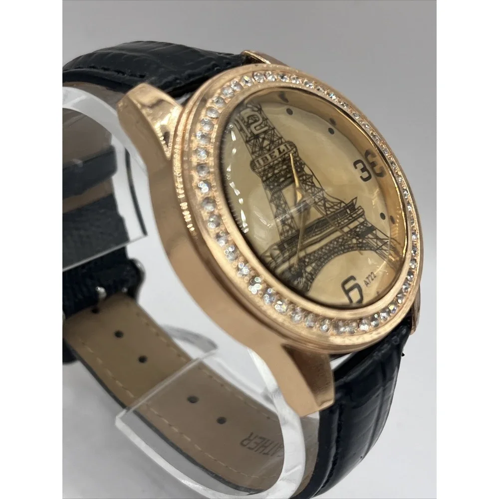 IBELI Women's Watch Eifel Tower Black Leather Band Rhinestone Bezel- New Battery